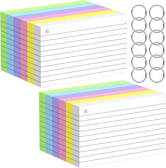 Index Cards 3x5 Inches, 600 PCS, Colored Flash Cards With Ring, Punched Lined Study Card Ruled Flashcards Notecards, Ruled Front And Blank Back, Note Card for School, College And Home