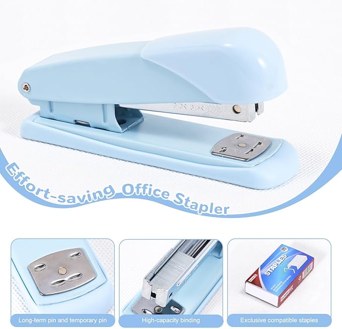 Gawsey Desk Organizers and Accessories Set with 360-Degree Rotating Pen Holder, Tape Dispenser, Stapler, Staple Remover, 1000 Staples, Tape, Clips Set, Ruler, Scissor, Pen (Blue)