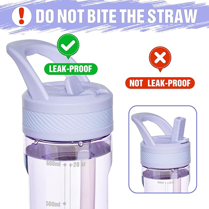 OLDLEY 20oz Kids Water Bottle with Straw, BPA-Free Tritan Water Bottle for School, Leakproof Clear Water Bottle with One Click Open, Measurement Scale, Cup Holder Friendly for Boys Girls,Purple