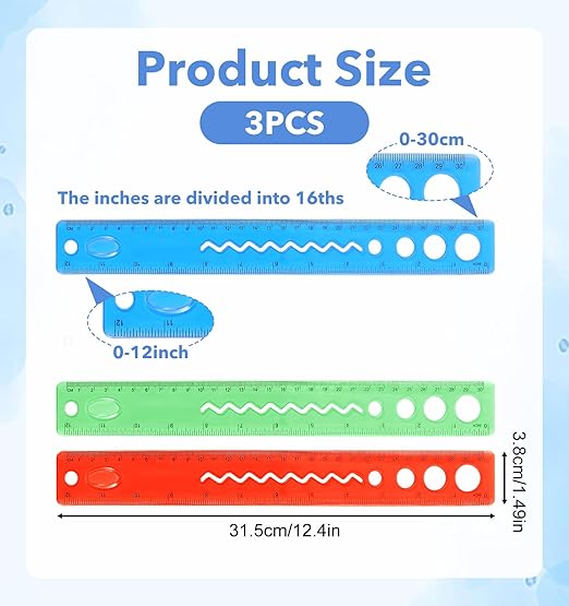 3 Pcs Flexible Rulers, 12 Inch Bendable Soft Plastic Rulers with Inches & Centimeters, Shatterproof Measuring Rulers for School Classroom Home Office, Colorful Supplies (Red Blue Green)