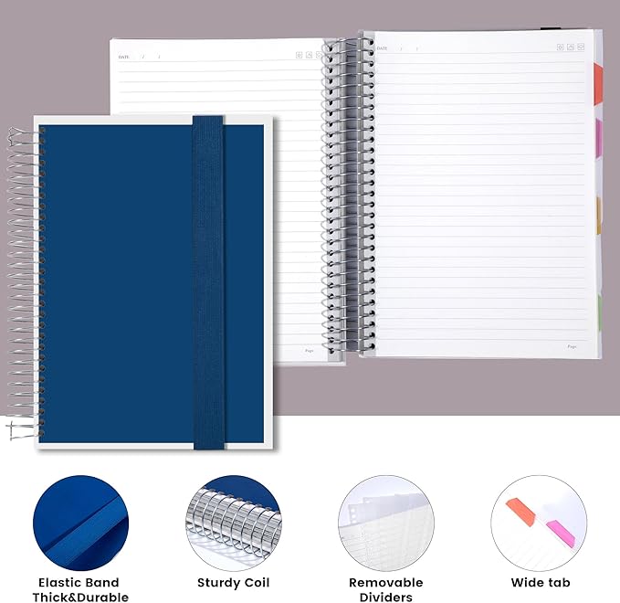 Yoment 5 Subject Notebook College Ruled, 300 Pages Spiral Notebook with Removable Divider Tabs，Hardcover 8 x 10 Inches College Ruled Journal 1 Inner Pocket for School College Work Office Home,Blue