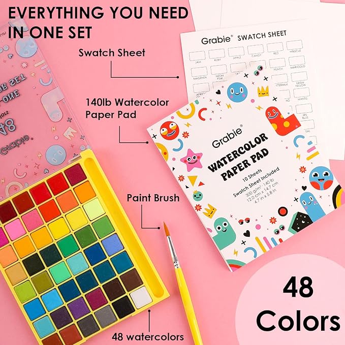 Grabie Mini Watercolor Paint Set, All-In-One 48 Colors Travel Watercolor Set with Paint Brush, Paper Pad & Swatch Sheet, Portable Vibrant Watercolor Kit for Beginners, Kids, Artists & Gifting