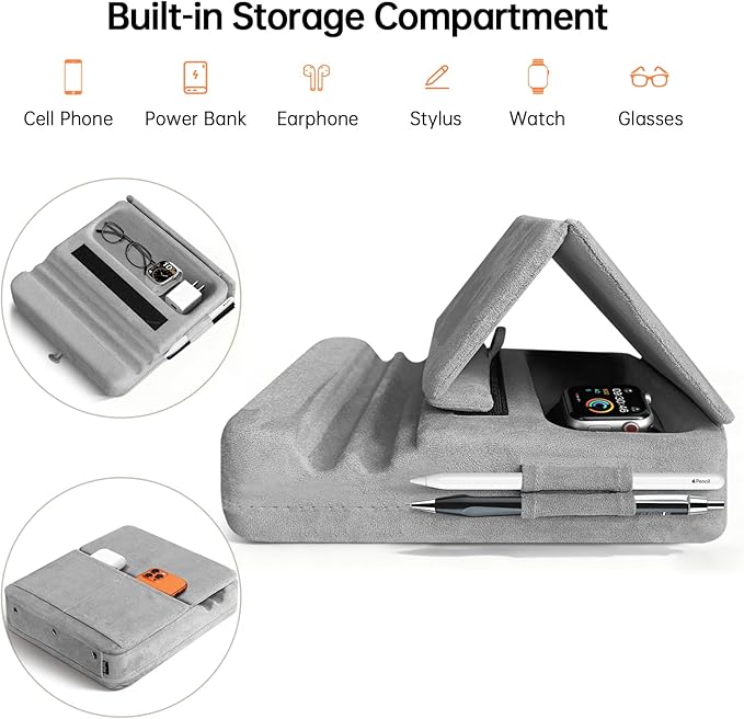Tablet Pillow Stand with Storage, Foldable iPad Holder for Lep, Bed, Sofa, and Desk - Soft Pad Dock with Pocket and Stylus Mount Compatible with 4-13" iPad Pro/Air/Mini, Galaxy Tab, Kindle