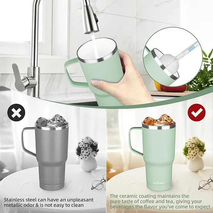20 oz Insulated Coffee Mug with Ceramic Coating, Stainless Steel Travel Mug Tumbler with Handle Lid and Straw, Double Wall Leak-Proof Coffee Travel Mug Keeps Drink Hot and Cold (Matcha)