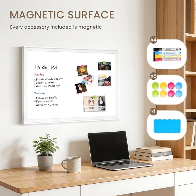 White Board for Wall, 36" x 24" Magnetic Dry Erase Board, Decorative Wooden Frame Large Whiteboard, Wall Mounted, Aesthetic Writing Board for Home, Office, School - White