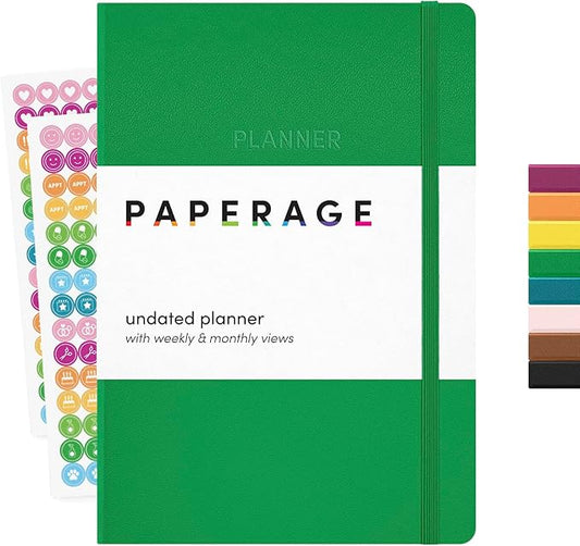 PAPERAGE Undated Weekly & Monthly Hardcover Planner (Green), 5.6 in x 8 in, Includes Lined Note Pages & 2 Sticker Sheets