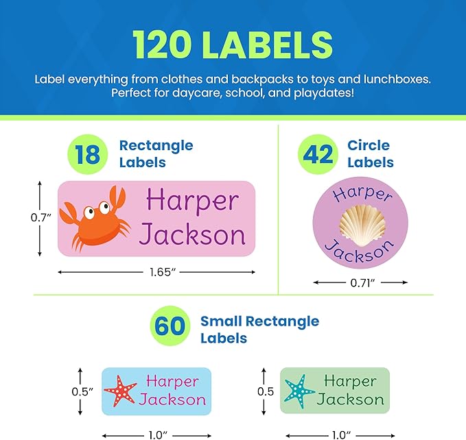 120-ct Personalized Waterproof Name Labels – 3-Line Custom Stick-On Tags for Daycare & Camp – Dishwasher-Safe, Cute Pastel Designs, Pre-Cut