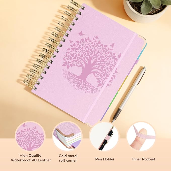 QIYVLOS Hardcover Spiral Notebook, B5 Journal with Removable Dividers Tabs, 5 Subject Notebook College Ruled, 320 Pages 8"x10" Leather Notebooks for Work School Study, Lined Journal for Women, Pink