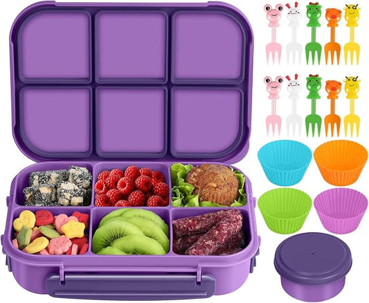 Amathley Lunch Box Kids Girls Boys,Bento Box Adult,Toddler Lunch Containers for School,Leakproof Snack Containers with 6 Compartments,Sauce Container,10 Food Picks and 4 Muffin Cups (Purple)