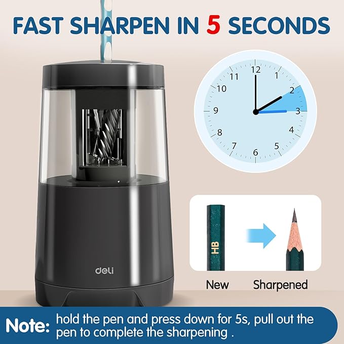 Deli Electric Pencil Sharpener, Automatic Pencil Sharpeners for No.2 Pencils Colored Pencils, Auto Stop, USB & Battery Operated for Students, Classroom, Home and Office, Black