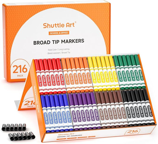 Shuttle Art 216 Pack Washable Markers, 8 Assorted Colors Broad Line Conical Tip Large Markers Bulk with a Box, Bonus Caps, Home Classroom School Supplies for Adults Students Teachers…