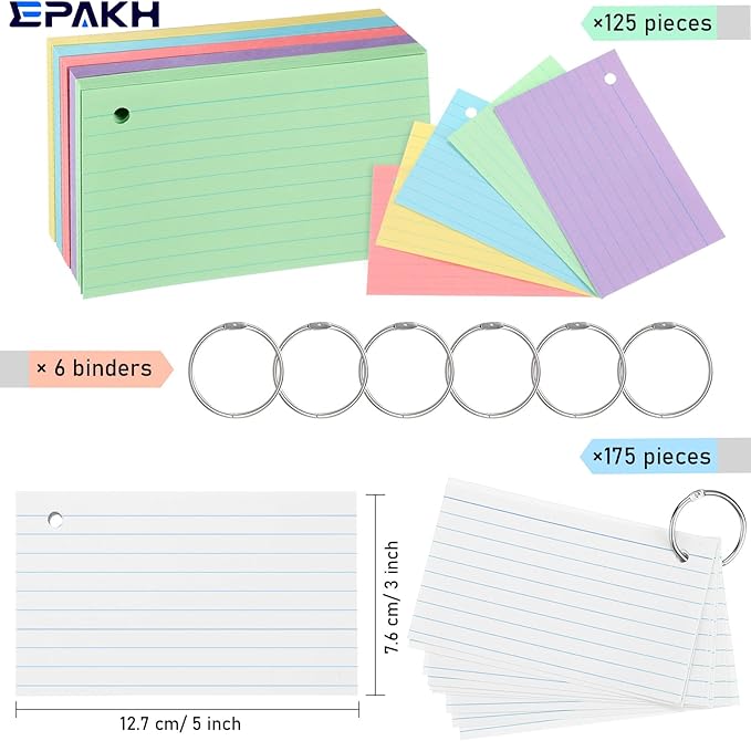 Epakh 300 Pieces Lined Index Cards 180 GSM Thick Flash Cards with Rings Notecards Punched Back to School for Studying Adults Home College Office(3 x 5 Inch,Light Color)
