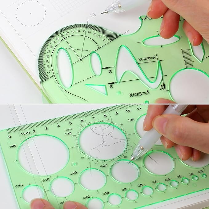 11PCS Geometric Drawings Templates, Drafting Stencils Measuring Tools, Transparent Green Plastic Ruler, for Architecture, Office, Studying, Designing