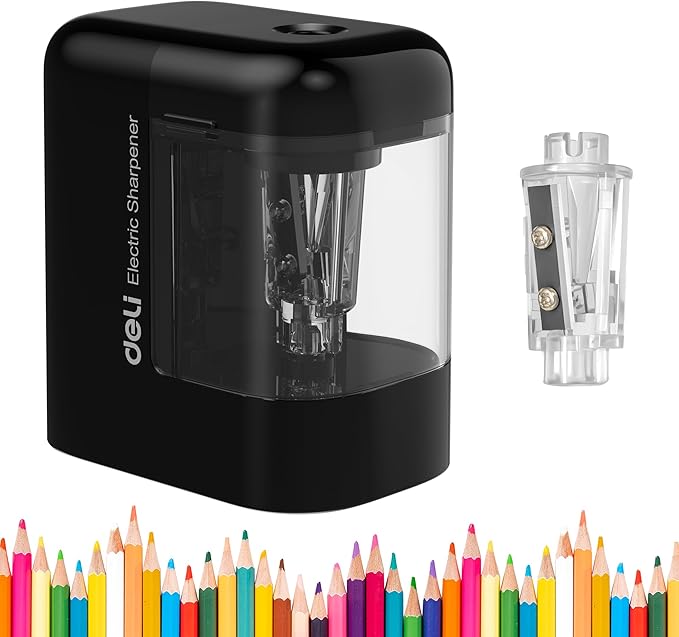 deli Electric Pencil Sharpener, Portable Pencil Sharpener for No.2 Pencils Colored Pencils, Battery Powered Electric Pencil Sharpener for School, Home, Office, Black