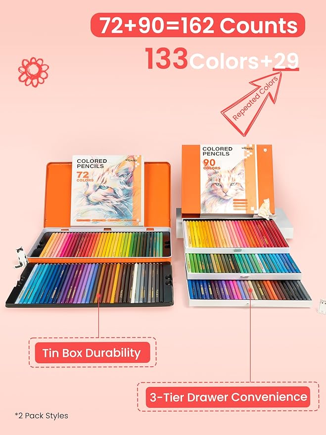 Woomer Premium Colored Pencils 133 Colors Set with 20 Wear-Resistant Paper, 3.8mm Soft Creamy Core for Artists Studios & Blending/Layering (162 Counts, 2 Packs)