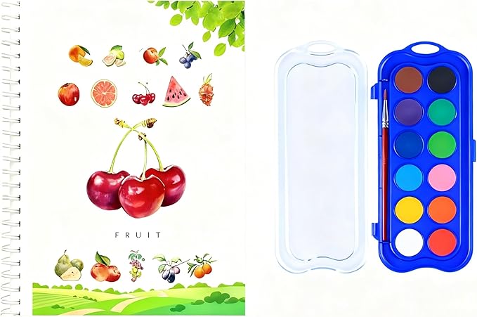 12 Colors Watercolor Book with Paint，Beginner Watercolor Workbook Kit, Watercolors Workbook (Fruit -12 Colors)