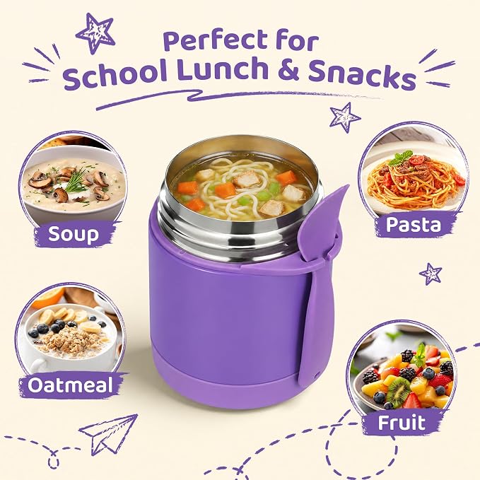 Pawtong10oz Soup Thermo for Hot Food Kids Insulated Food Jar,Thermo Hot Food Lunch Container, Width Mouth Stainless Steel Lunch Box for Kids with Spoon (Purple)