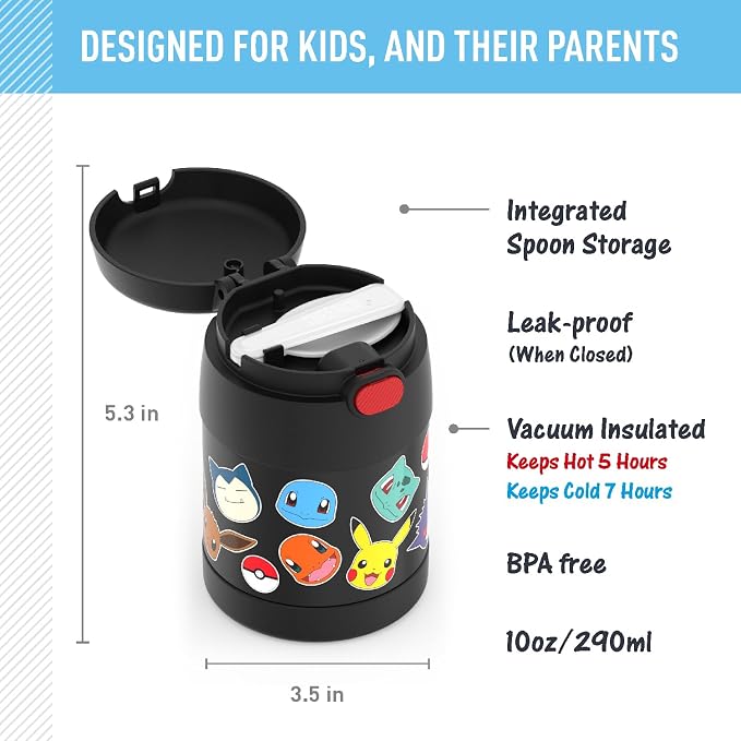 THERMOS FUNTAINER 10 Ounce Stainless Steel Vacuum Insulated Kids Food Jar with Spoon, POKEMON (Pack of 6)