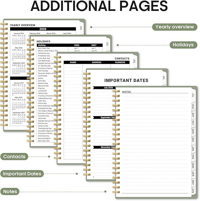 Planner 2026-2027, 6.3" x 8.5" Weekly and Monthly Academic Year Planner Calendar, July 2026 - June 2027, Hardcover Large School Planning Agenda With Tabs, Perfect for School & Office Supplies, A5, Green