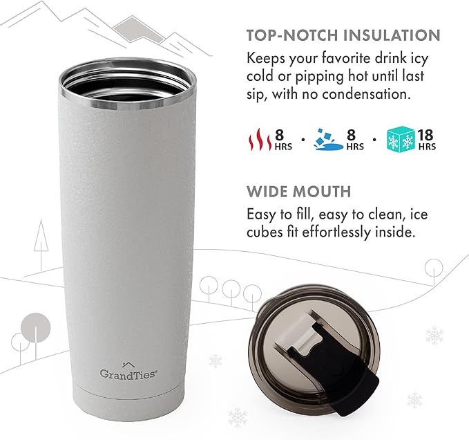 GRANDTIES Insulated Coffee Tumbler Cup w/Tritan Lid | Leak Proof, Reusable, Double Walled Vacuum Stainless Steel Travel Mug | 20oz (Snowy: Pearl)
