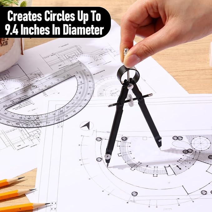 EBOOT Student Geometry Math Set, Metal Drawing Compass and 6 Inch Clear Swing Arm Protractors 180 Degree Math Protractor(Black and Black)