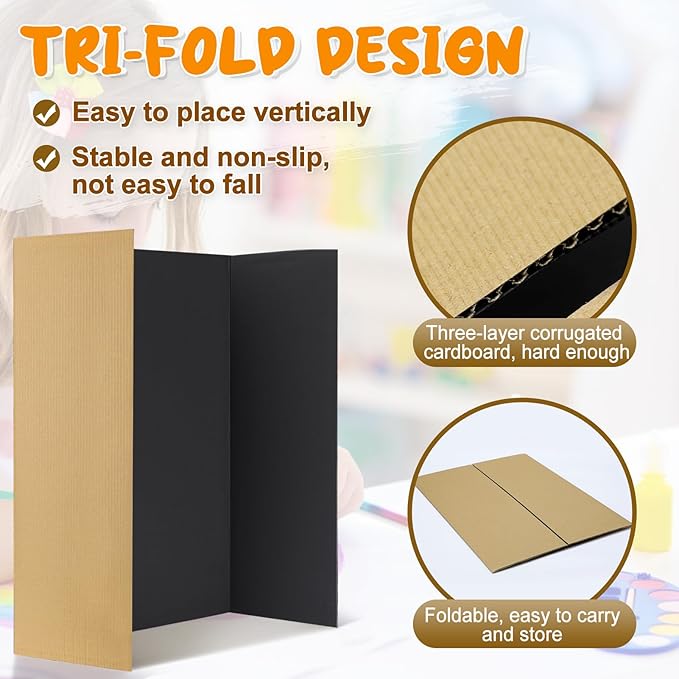 8 PCS Trifold Poster Board - 16" x 23" Small Tri Fold Display Board Hard & Thick Black Presentation Cardboard for Science Fair, School Projects, Business Supply