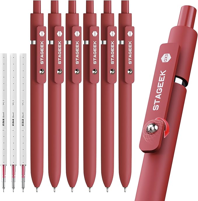 STAGEEK GX3 Red Gel Pens, 6 Pcs Quick Dry Smooth Writing Pen with 3 Refills | Red Ink Pens, 0.7mm Fine Point, Retractable, Office, School Supplies, Journaling & Note Taking, for Nurses, Teachers