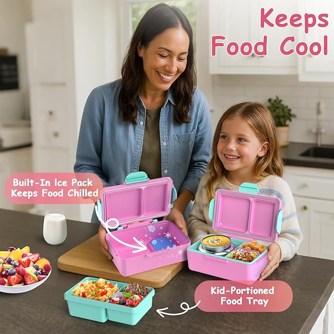 Kids Bento Lunch Box – 12 oz Stainless‑Steel Soup Thermo & 3‑Compartment Leak‑Proof Food Container with Built‑In Ice Pack, Insulated Food Jar for Boys & Girls, School & Travel
