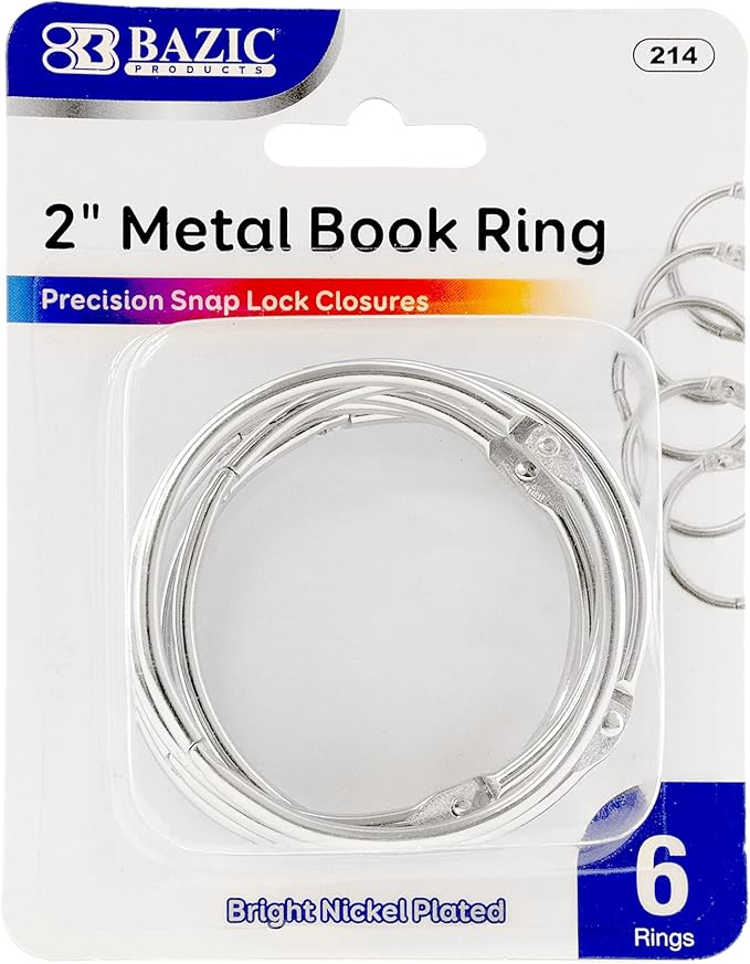 BAZIC Products Loose Leaf Binder Ring 2", Book Rings Binder Rings, Nickel Plated Steel Metal Ring for Flash Cards, Index Card, Keychain (6/Pack), 1-Pack
