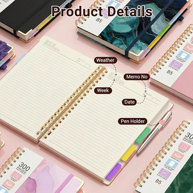 Hardcover Spiral Journal Notebook, 300 Pages 5 Subject Notebook College Ruled with Removable Dividers Tabs, 8" x 10" Notebooks for Work, Spiral Ruled Lined Writing Journal Hardcover Leather Notebook for School (Brown, 8''x 10'')