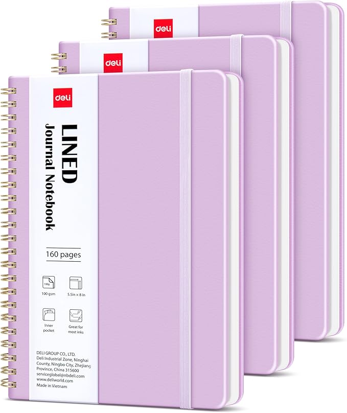 deli 3 Pack Lined Spiral Journal Notebook, 160 Pages, A5 (5.5"x8") Hardcover Writing Notebook, College Ruled Spiral Bound Journal for Women & Men - Perfect for Work, School, Office & Note Taking