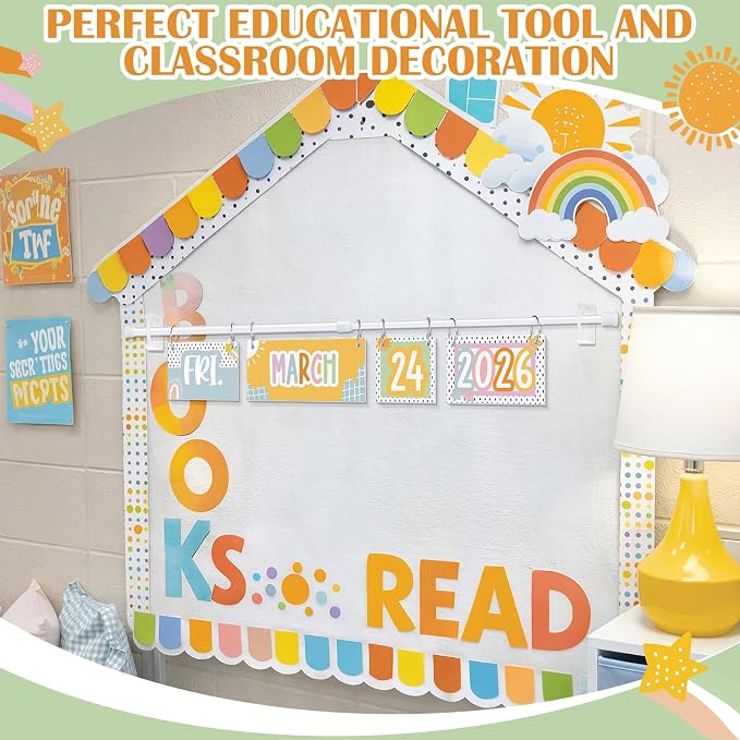TecUnite Retro Pastel Flip Calendar Bulletin Board Decor Set Sunshine Calendar Holder Includes 54 Cards 2026-2029 Year and Adjustable Rod for Classroom Kindergarten and Elementary Teacher Supplies
