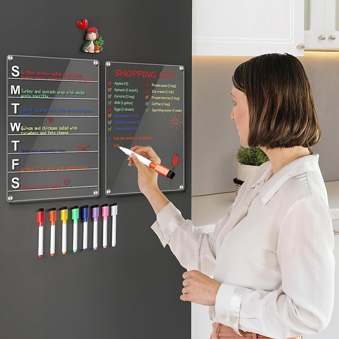 2 Pack 12''*8'' Acrylic Magnetic Planning Board Set, Clear Weekly Meal Planner with Whiteboard Memo, Menu Board for Kitchen with 8 Color Markers, Dry Erase Board for Shopping Grocery List/to Do List