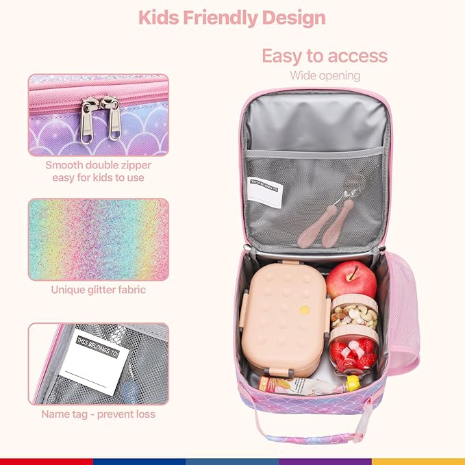 Bagseri Kids Lunch Box for Girls - Insulated Toddler Lunch Bag Fits Bento Box, Reusable Daycare Cooler Tote with Clip Handle, Water-Resistant Lining, Glitter Pink Mermaid