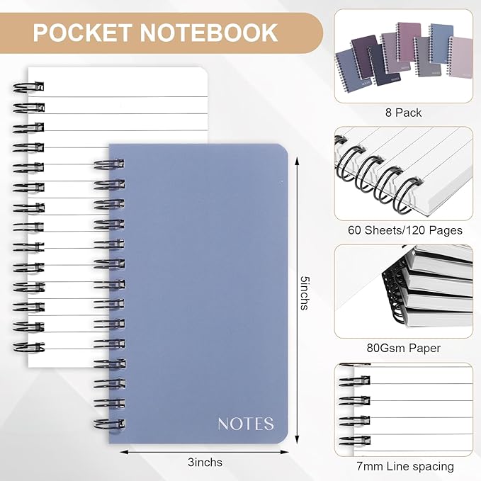 Thboxes 8 Pack Pocket Notebook, 3x5 Small Spiral Notebooks with 60 Sheets/120 Lined Pages Small Notebook Spiral Notepads Mini Note Pads Notebooks for School Office