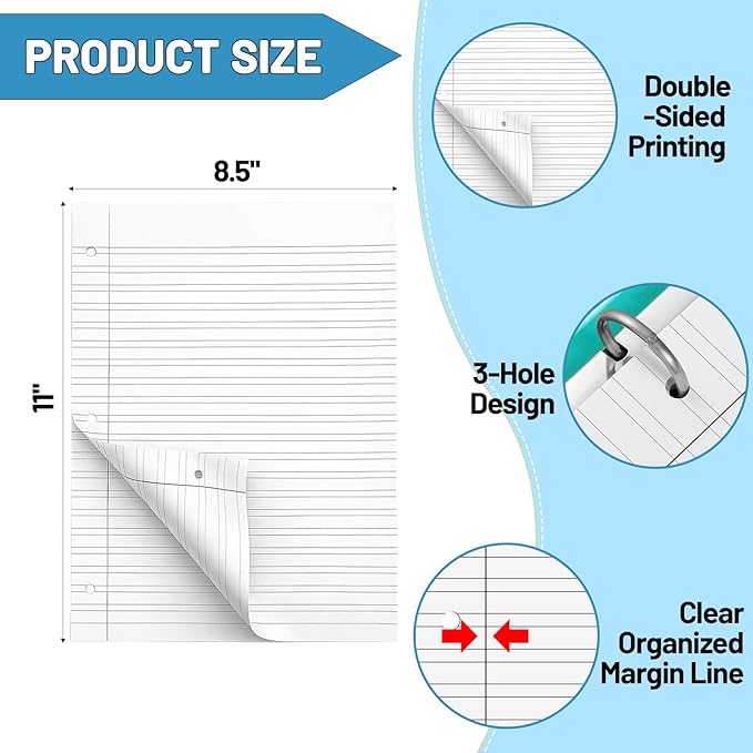 200 Sheets Handwriting Practice Lined Paper 8.5 x 11" Double Lined Notebook Paper Loose Leaf Exercises Composition for 3 Ring Binder for Kids Kindergarten Adult Writing
