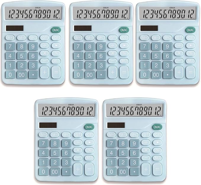 YOUHO Calculator, 12-bit Solar Battery Dual Power Standard Function Electronic Calculator with Large LCD Display Office Calculator Black(5 Battery) (KK-837B, 5PACK，Blue)