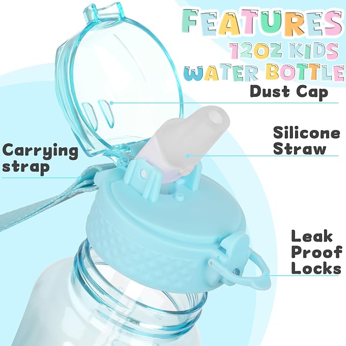 OLDLEY 12oz Kids Water Bottle, Tritan BPA-Free, Leakproof Flip Straw Lid, Motivational Time Marker, Carry Strap, Reusable Clear Water Bottle for Boys & Girls,Cerulean