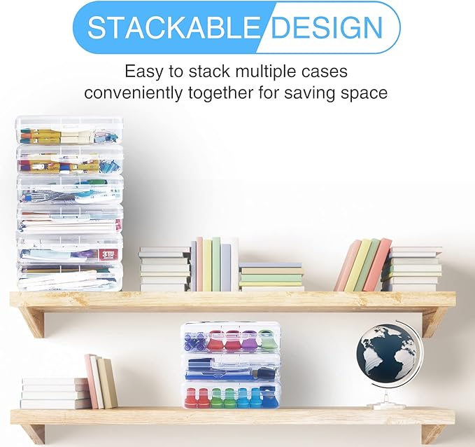 Sooez 3 Pack Pencil Case, Large Hard Pencil Box Bulk, Clear Crayon Box Marker Pen Organizer, Plastic Storage Container with Snap Lid, Stackable Art Craft Organizer Back to School Supplies, Clear