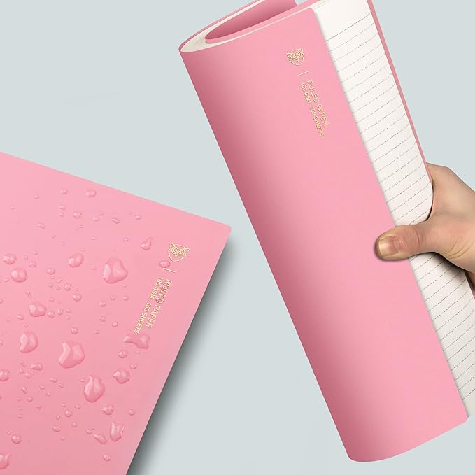 EMSHOI A4 Spiral Notebook College Ruled Lined Journal, 11.2" x 8.27", 300 Pages, 100gsm Thick Paper, Waterproof Softcover, Twin-Wire Binding, Sticky Notes, Pink