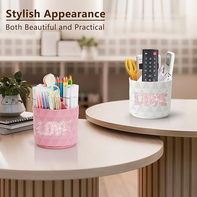 Bling Desk Organizer, Glitter Love Rhinestone Rotating Pencil Pen Holders For Desk,Diamond-Patterned Pen Organizer With 5 Compartments,Stylish Desk Accessories For Office School Home