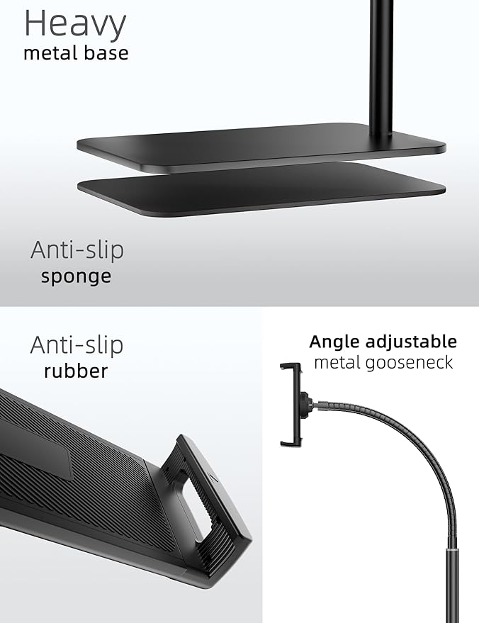LanPavilion iPad Stand, Adjustable Tablet Floor Stand Metal Tablet Holder with Flexible Gooseneck, Compatible with iPad, Kindle, and Cell Phones (4.7''-13''), Ideal for Hands-Free Use