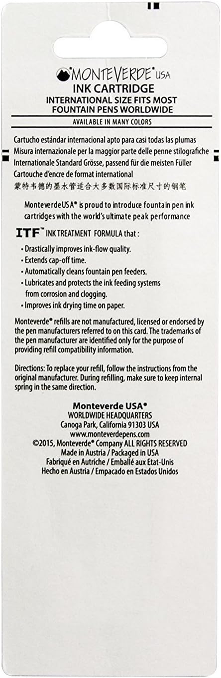 Monteverde Internatinal Size Cartridge to Fit Fountain Pens, Pink, 6 per Pack (G302PK)