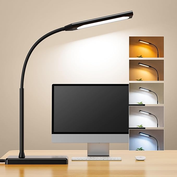 LED Desk Lamp 12W Touch Control Desk Lamp with USB Charging Port 5 Color Modes 6 Brightness Levels Eye-Caring Office Lamp with Memory Function 1h Timer Adjustable Neck Table Lamp