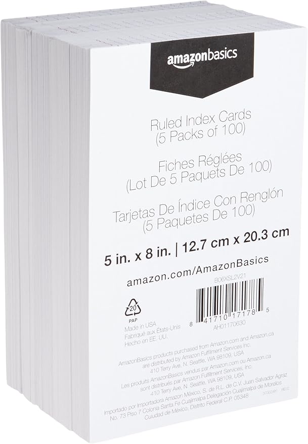 Amazon Basics Ruled Lined Index Cards for Studying and Note Taking, White, 5" x 8", 500 Count (5 Pack of 100)