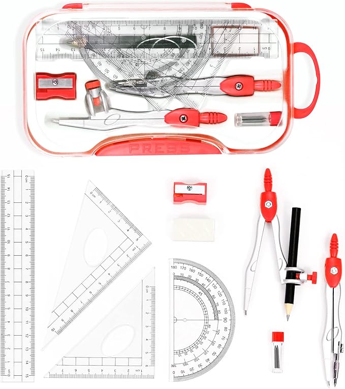 Vobou 10 Pieces Math Geometry Kit Set Student Supplies with Shatterproof Storage Box,Includes Rulers,Protractor,Compass,Eraser,Pencil Sharpener,Lead Refills,Pencil,for School and Drawings（Red）