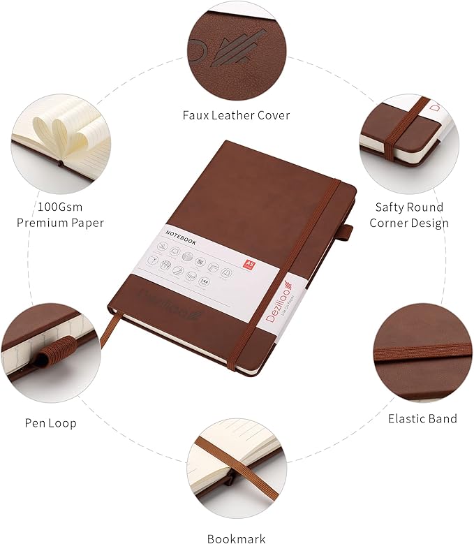Lined Journal Notebooks with Pen Loop, Hardcover Notebook Journal for Work, 100Gsm Premium Thick Paper with Inner Pocket, Medium 5.7"x8.4", （Brown, Ruled）