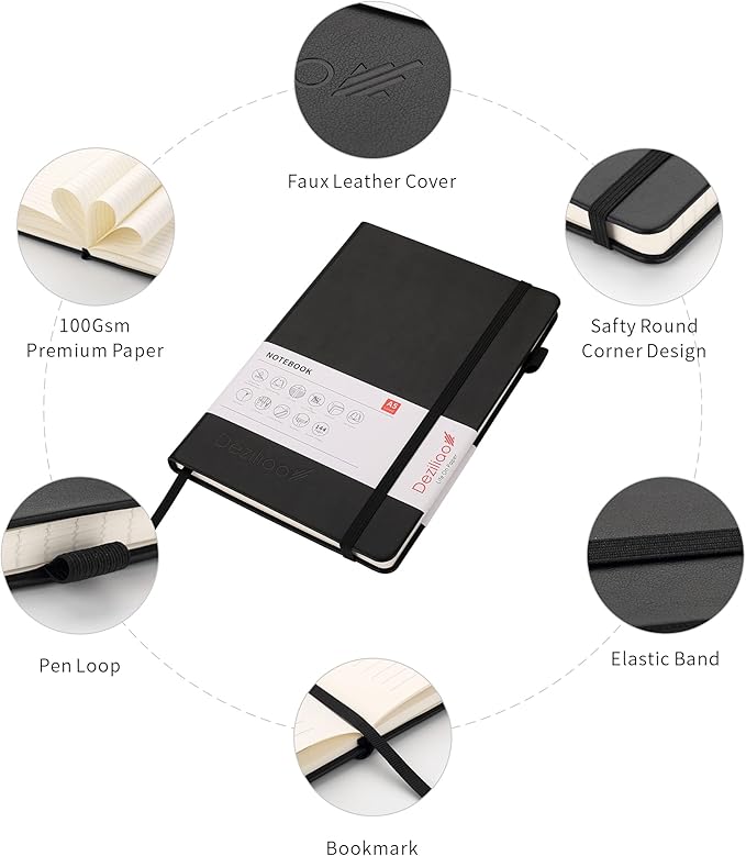 Lined Journal Notebooks with Pen Loop, Hardcover Notebook Journal for Work, 100Gsm Premium Thick Paper with Inner Pocket, Medium 5.7"x8.4", （Black, Ruled）