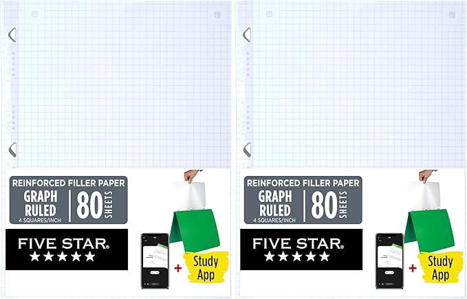 Five Star Loose Leaf Paper + Study App, Graph Ruled Filler Notebook Paper, Reinforced, Fights Ink Bleed, 8-1/2" x 11", 80 Sheets (170122) (Pack of 2)