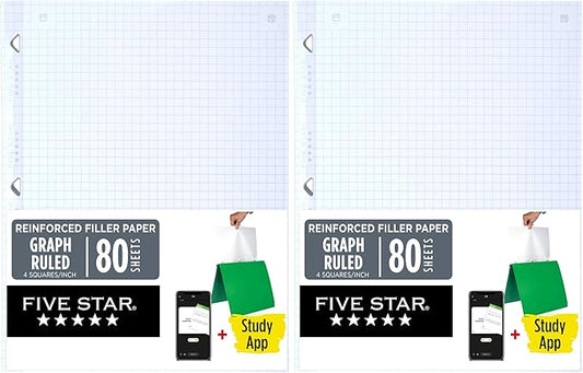 Five Star Loose Leaf Paper + Study App, Graph Ruled Filler Notebook Paper, Reinforced, Fights Ink Bleed, 8-1/2" x 11", 80 Sheets (170122) (Pack of 2)